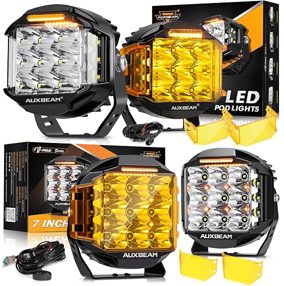 Auxbeam 5" 168W Round LED Offroad Light Pod with Amber Covers+Auxbeam 7inch 228W Round LED Offroad Light Pod,