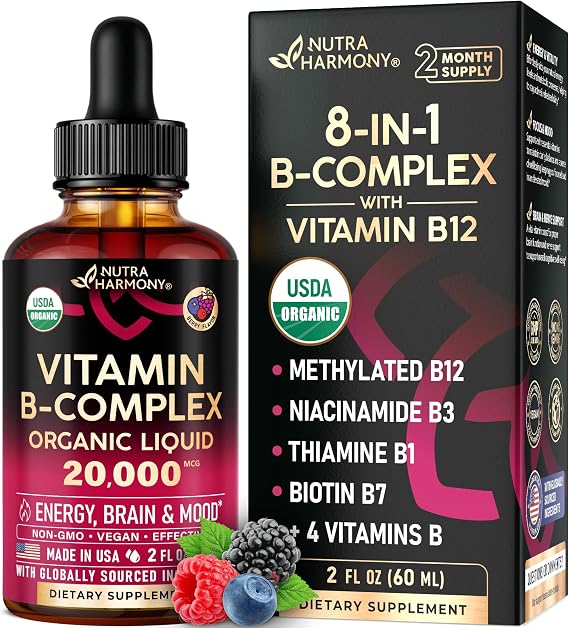 USDA Organic Vitamin B-Complex 20000mcg - B5, B12, B1, B6, B7, B9, B3 - 2Oz