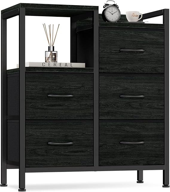 Furnulem Black Dresser for Bedroom, 5 Drawer Small Fabric Closet Dresser | Small Chest of Drawers, Storage Cabinet Organizer with 2 Tier Shelf, Drawer Units with Metal Frame, Dresser for Dorm, Hallway