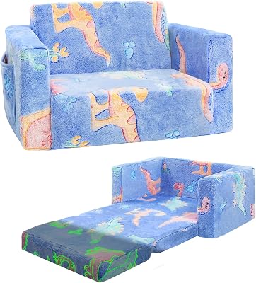 inhand Toddler Chair Comfy,2-in-1 Soft Toddler Couch Fold Out for Kids,Convertible Sofa to Lounger,Gift for Girls and Boys Birthday,Dinosaurs,Medium
