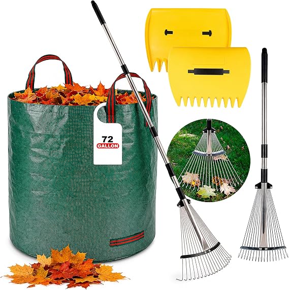 Leaf Collector Garden Rake Set - Adjustable 18 Tines Leaf Rakes & Leaf Picker Upper & 72 Gallon Lawn Waste Bag, Heavy Duty Collect Rake, Hand Leaf Scoop, Brown Paper Dumpster, Yard Gardening Tool