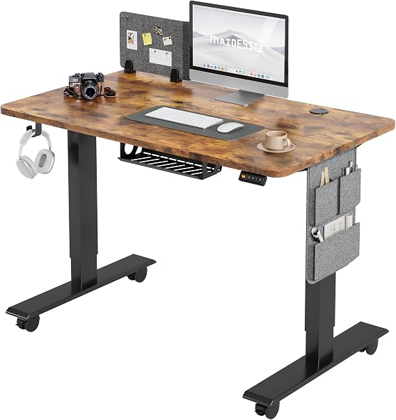 MAIDeSITe Electric Height Adjustable Standing Desk, 100 x 60 cm Sit Stand Desk with Cable Tray, Hook and Storage Pocketse, Stand Up Desk with Memory Controller for Home Office