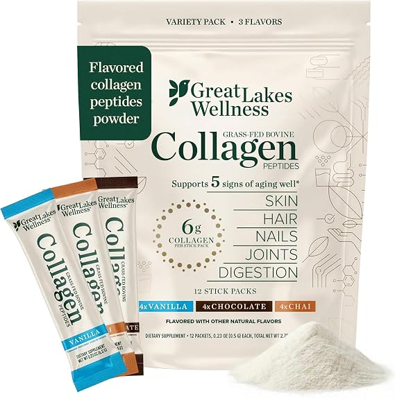Great Lakes Wellness Collagen Peptides Powder, Variety Flavors, 12 Sticks