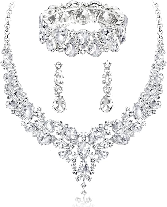Rhinestone Bridal Jewelry Sets for Women Crystal Necklace Earrings Bracelet Set Silver-Tone Wedding Bridal Bridesmaid Gifts fit with Wedding Dress