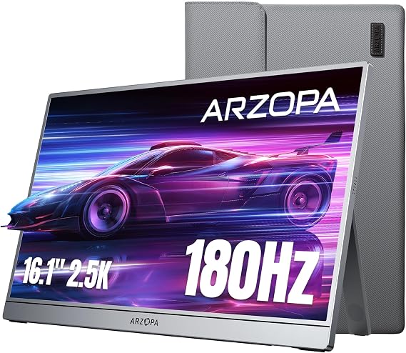 ARZOPA 16.1 Inch Portable Monitor 2.5K 180Hz Gaming Portable QHD 2560×1440 107% sRGB HDR10 Design with Integrated Stand Function & Protective Case Compatible with PS5 Xbox Switch PC Mac-Z3FC Grey