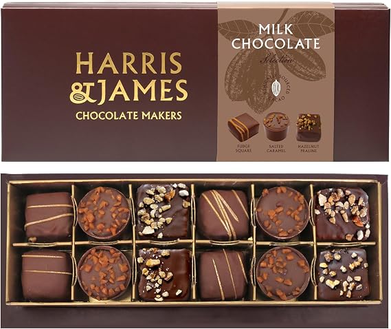Harris & James Milk Chocolate Collection 12 Piece Chocolate Selection Box. Handmade Luxury Milk Chocolates From Bean To Bar. Fudge Square, Salted Caramel & Hazelnut Praline Mixed Selection Box 180g