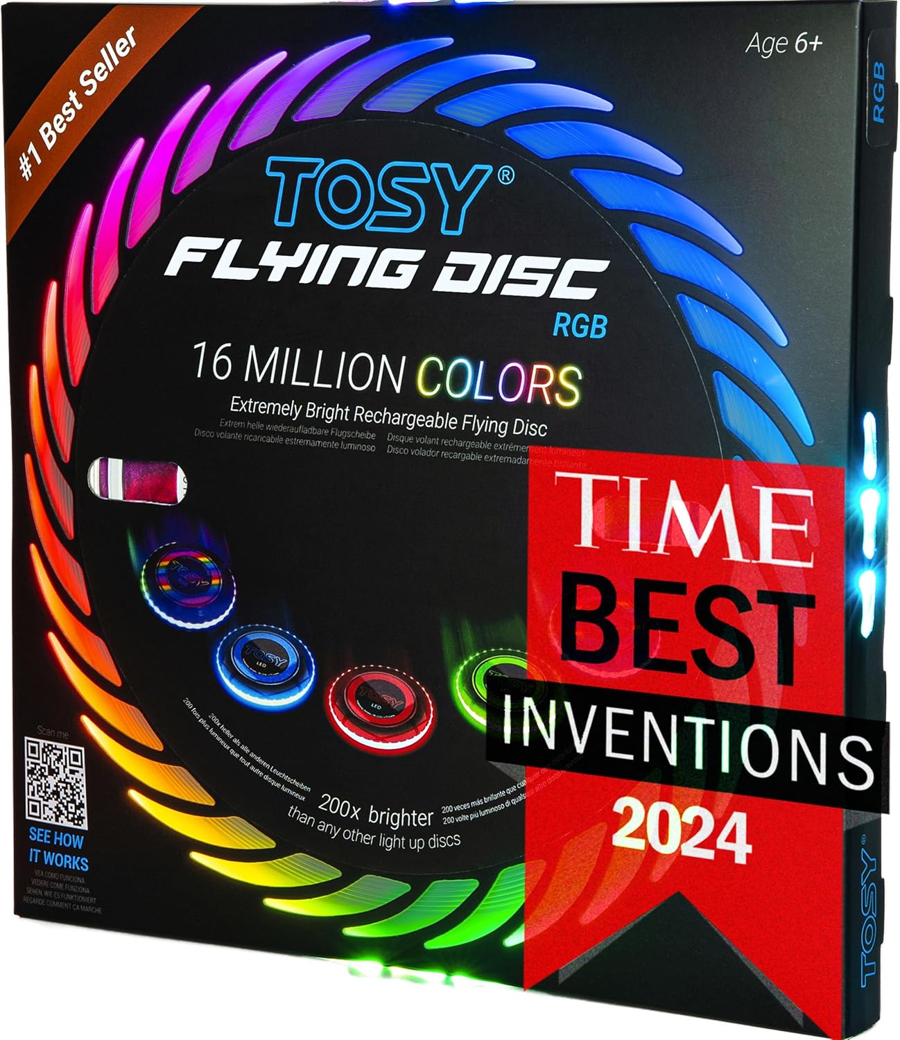 TOSY Flying Disc - 108 RGB Multicolor LEDs, Super Bright, Smart Modes, Christmas Stocking Stuffers Gift, Camping Toy for KidTeenAdult, Auto Light Up, Rechargeable, Waterproof, 175g