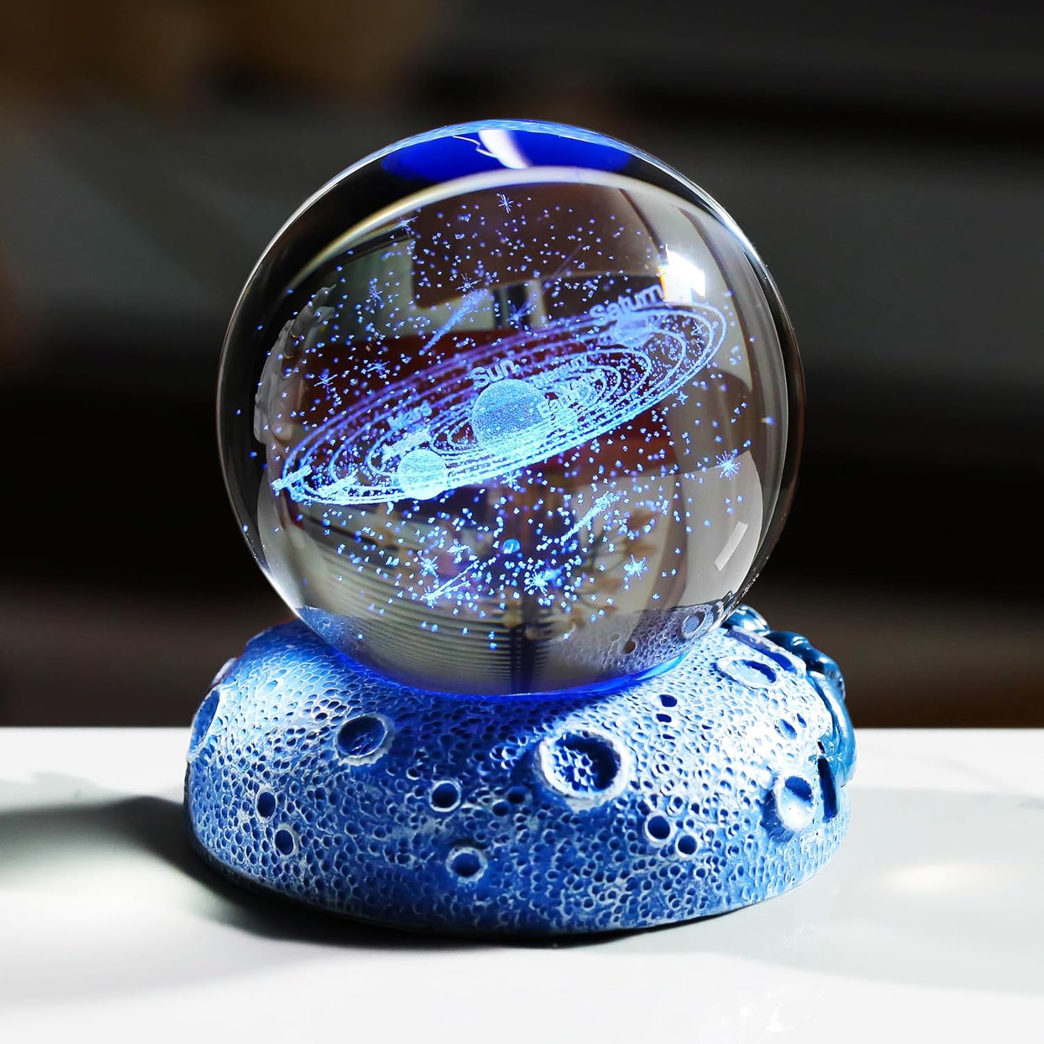 3D Solar System Crystal Ball Planets Engraved with Space Lights Base Astronomy Gifts for Men Him, 6cm2.36 in. Glass Globe Science Universe Model Cosmic Ornaments for Kids Celestial Decor