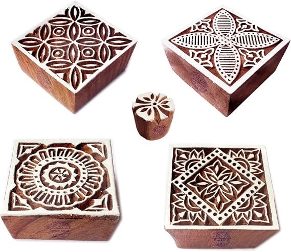 Fabric Print Stamps Crafty Square Floral Shape Wooden Blocks (Set of 5) Htag1855