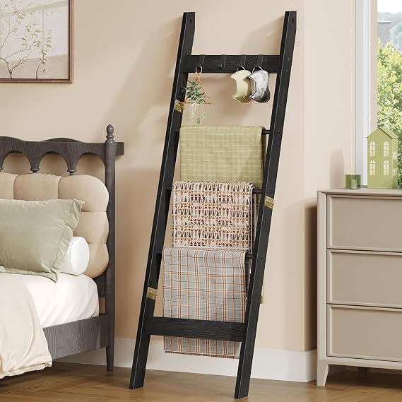 Hzuaneri Blanket Ladder Decorative Quilt Rack with 4 Removable Hooks