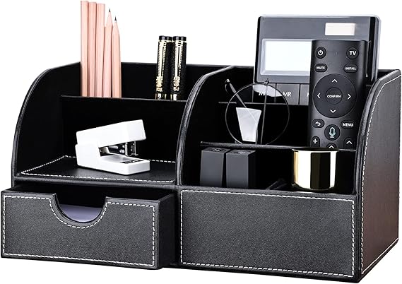 KINGFOM PU Leather Office Desk Organiser Tidy Pen Pencil Pots Stationery Storage Box Desk Accessories Black