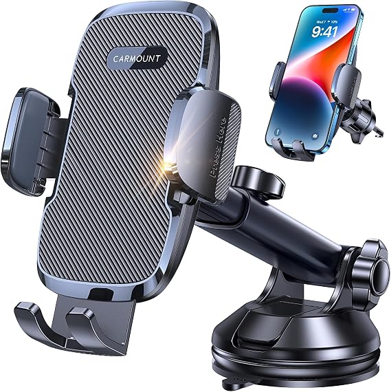 Car Phone Holder MountStrongest Suction & Military-GradeCarmount Phone Mount for Car Cell Phone Holders for Your Car Dash Phone Holder for Car Truck Stand Dashboard Vent Car Mount for iPhone Samsung