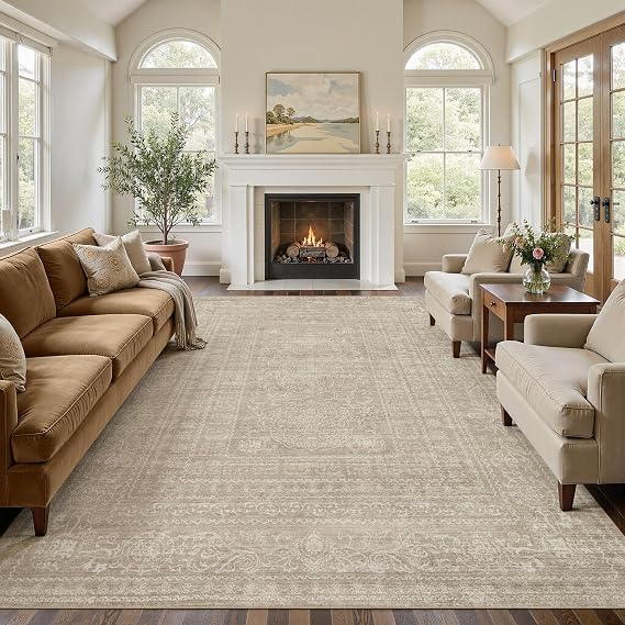 Nakagishi Neutral 10x14 Area Rugs for Living Room Washable, Brown | Pet & Kid Friendly, Non-Slip, Soft, Low-pile Carpet for Living Room/Bedroom/Dining Room/Nursery, Stain Resistant Vintage