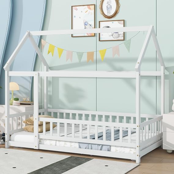 Twin Size House Floor Bed with Rails for Kids, Montessori Floor Bed Frame with Fence, Wood Twin House Beds with Roof for Boys Girls, White