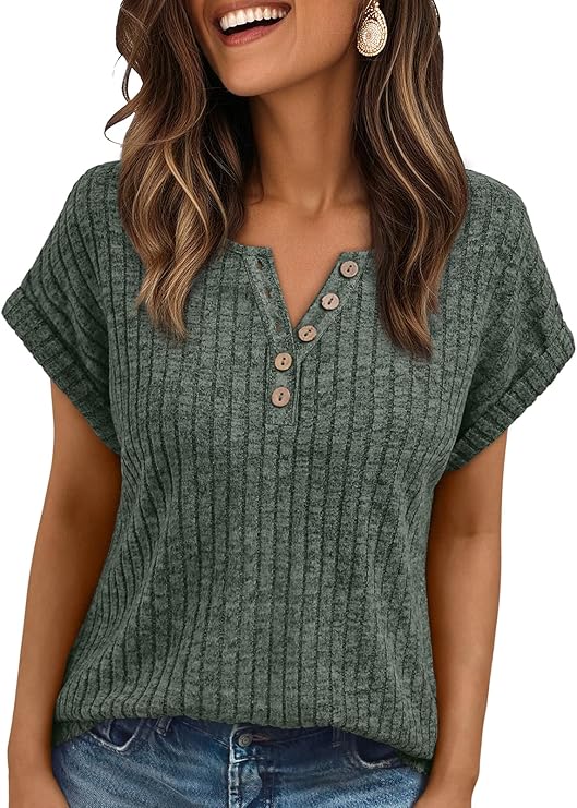 AUTOMET Women Tops Summer Sweaters Short Sleeve V Neck Henley Shirts Dressy Button Blouses