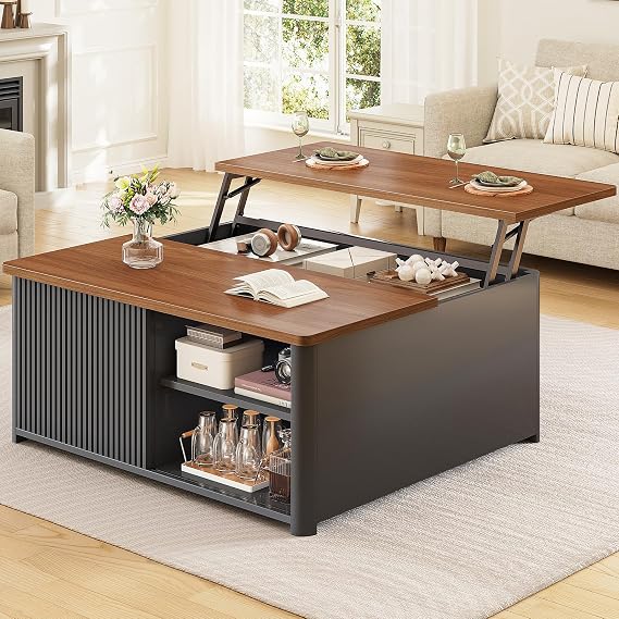 SEDETA 31.5" Lift Top Coffee Table with Storage, Square Coffee Tables for Living Room, Fluted Coffee Table with Large Hidden Storage Compartment and Adjustable Shelves, Fluted Black