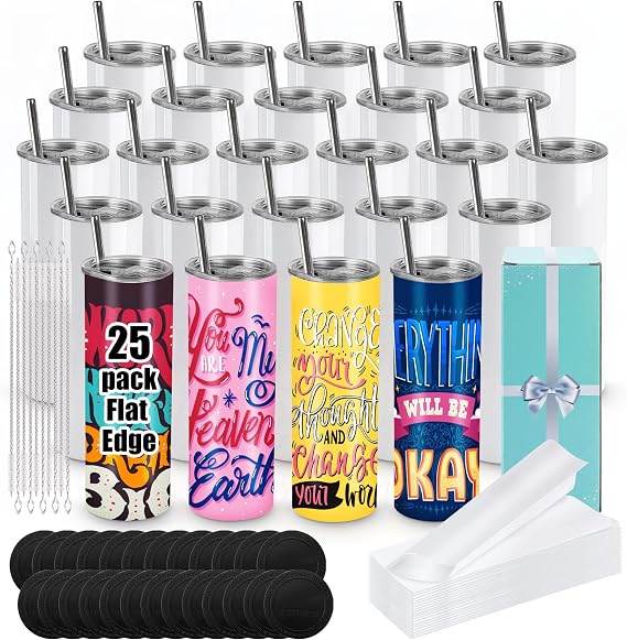 Joyclub 25 Pack Sublimation Tumblers 20 oz Bulk Sublimation Cups | Straight Skinny Flat Edge Sublimation Tumbler with Gift Box Christmas Teams Events Gifts Plain Tumblers to Decorate