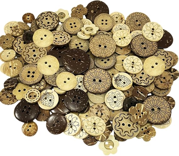 150pcs Coconut Shell Buttons, CNYMANY Vintage Wood Sewing Button, 2 Holes and 4 Holes Brown Buttons for DIY Crafts Scrapbook Cardigan Sweater Shirt Buttons Crochet Decoration - 15 Styles