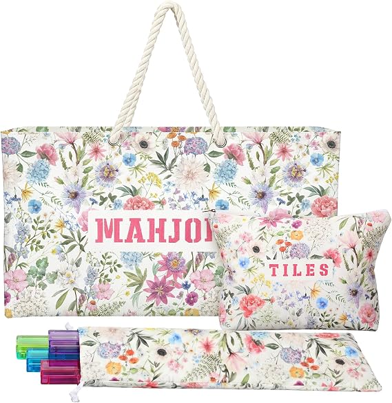 Shinylin 3 Pcs Empty Mahjong Bags Set for Tiles and Racks 24 x 13 x 4.7 Inches Floral American Mahjong Carrying Bag Tiles Bag Drawstring Protective Sleeve for Rack Party Travel, Case Only(Wildflower)