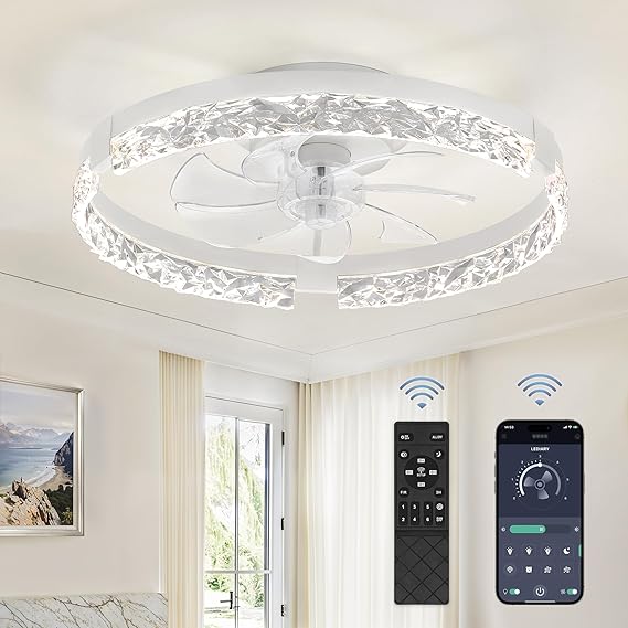 LEDIARY 20 Inch Low Profile Ceiling Fans with Lights and Remote, Fandelier Ceiling Fan Flush Mount, 3000K-6000K Dimmable LED Fan Light, White Modern Ceiling Fans with Lights for Bedroom | Flush Mount, Fandelier, 3000K-6000K, Dimmable LED, for Bedroom