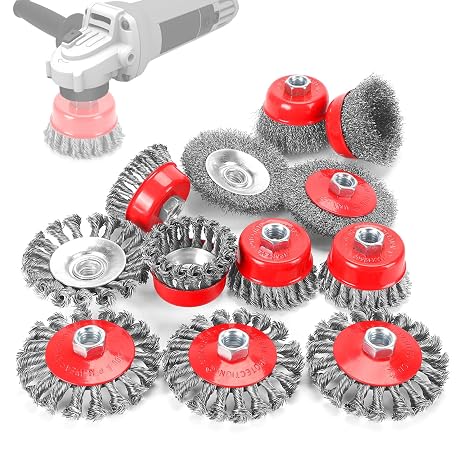 POLIWELL 12 Pack Wire Wheel Brush for Angle Grinder, 6pcs 4 Wheel Brushes, 6pcs 3 Cup Brush Set for 4 1/2 Grinders, 5/8 -11 Threaded Arbor, 0.020In Twisted Knotted Carbon Steel for Removal Rust
