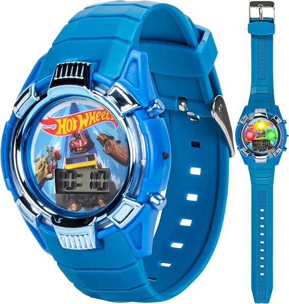 Hot Wheels Kids Watch Light-Up LCD Display, Adjustable Comfortable Strap, Collectible Tin Perfect for Boys and Girls