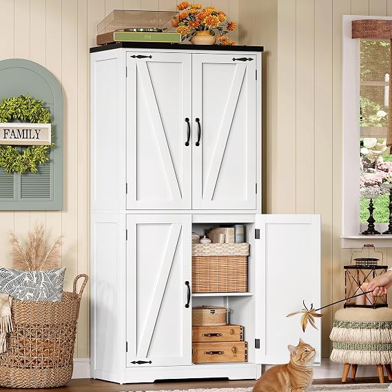 TEENFON 148 cm Kitchen Cabinet 4 Barn Doors Multi-Purpose Cabinet with 2 Fixed Shelves & 1 Adjustable Shelves Storage Cabinet for Kitchen Dining Room Living Room Bathroom - 60 x 30 x 148 cm