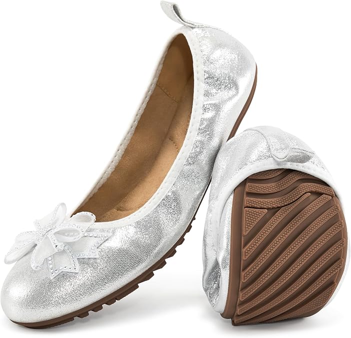Aomigoct Ballet Flats for Women Shoes: Silver 9 Comfortable Round Toe Work Flats - Ladies Wedding Slip On Dressy Shoes