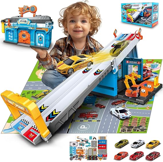 Race Tracks Racing Car Toys Set with 2 Layer Track 6 Alloy Race Cars for Birthday Xmas Gifts