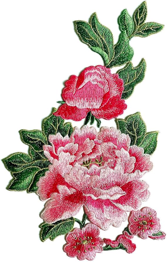 1 Piece Sew on Embroidered Applique Floral Patches Beautiful Flower Patches for Sew on Clothes Jackets Hat DIY Decoration (Pink Peony)