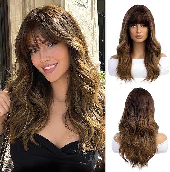Ombre Brown Wigs for Women 20 Inches Long Nature Curly Natural wig Synthetic Hair Heat Resistant Wigs for Daily Party Cosplay Wear