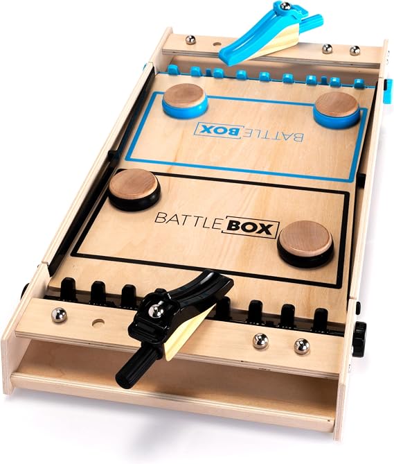 Fat Brain Toys Battle Box Marble Games, Targeting Aiming Tabletop Wooden Game for Kids & Tweens Ages 8-12 | 2-player aim and launch challenge. Hand-eye coordination, strategy skills. Party game. Kids to adults, ages 8 and up.
