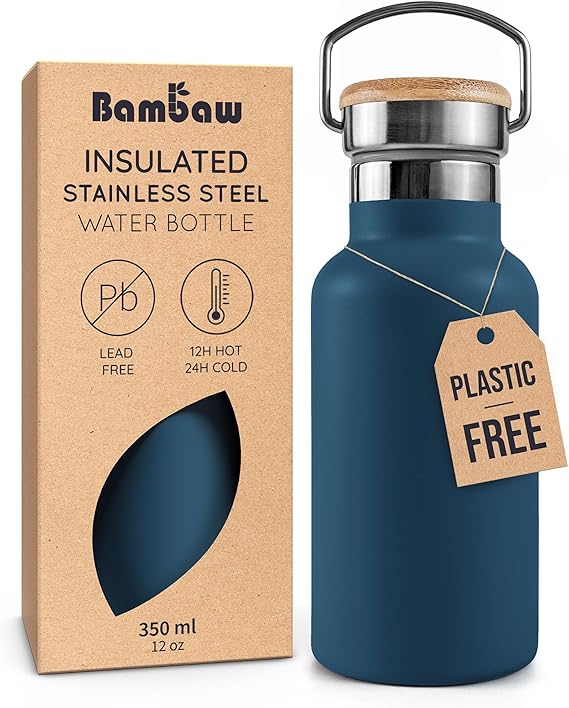 Bambaw 12 oz Insulated Water Bottle, Small Stainless Steel Water Bottle for Hot & Cold Drinks, Great for Travel, Wide Mouth for Easy Cleaning, Fits in Cup Holder (Aegean Blue)