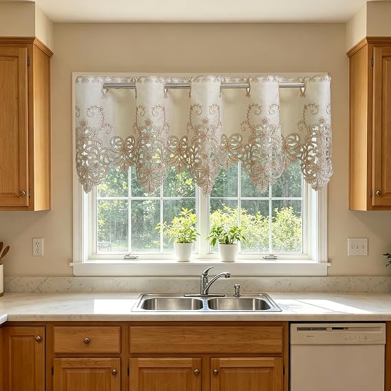 ABREEZE Pastoral Style Embroidered Floral Curtain Window Valance Cafe Curtain with Hollow Lace,59" W X 18" L