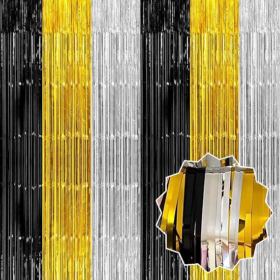 3 Pack Black Gold Silver Foil Fringe Curtains Backdrop, 3.28 x 8.2 Ft Metallic Streamers Tinsel Curtains Background for Photo Booth, Birthday, Halloween, Christmas, New Year Party Decorations