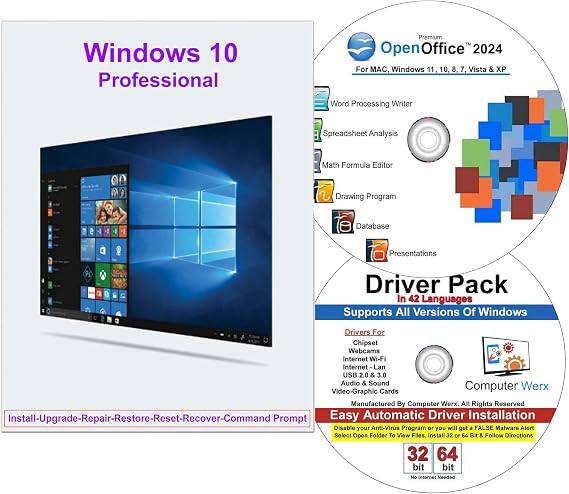 Computer Werx Compatible with Windows 10 Professional 32/64 Bit DVD with key, Install, Recovery, Repair & Restore DVD plus Open Office 2024 & Drivers pack , 3 PK
