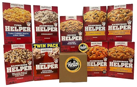 Hamburger Helper Variety Pack of 9- One Box Each of Stroganoff, Cheesy Ranch Burger, Cheesy Italian Shells, Double Cheeseburger Macaroni, Three Cheese, Tuna Helper Cheesy Pasta, Deluxe Philly Cheesesteak, Chicken Helper Fried Rice and Twin Pack of Potatoes Stroganoff Customized by Hello SunShine!
