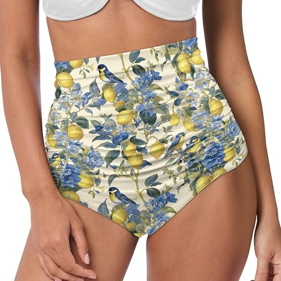 Women's High Waisted Bikini Bottoms Tummy Control Ruched Full Coverage Swim Bottom Summer Beach Holiday Shorts