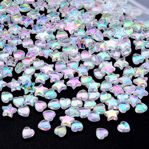 OIIKI 200 Pcs Acrylic Star & Heart Shape Beads, Clear Color AB, for DIY Jewelry Craft Making Necklace Bracelet Supplies | Star Shape Charming Bead for Bracelets, DIY Crafts, Jewelry Making, Necklace, Earring Supplies, Y2K Style (Star, Heart)