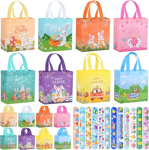 24Pcs Foldable Waterproof Reusable Easter Tote Gift Bags w Slap Bracelets