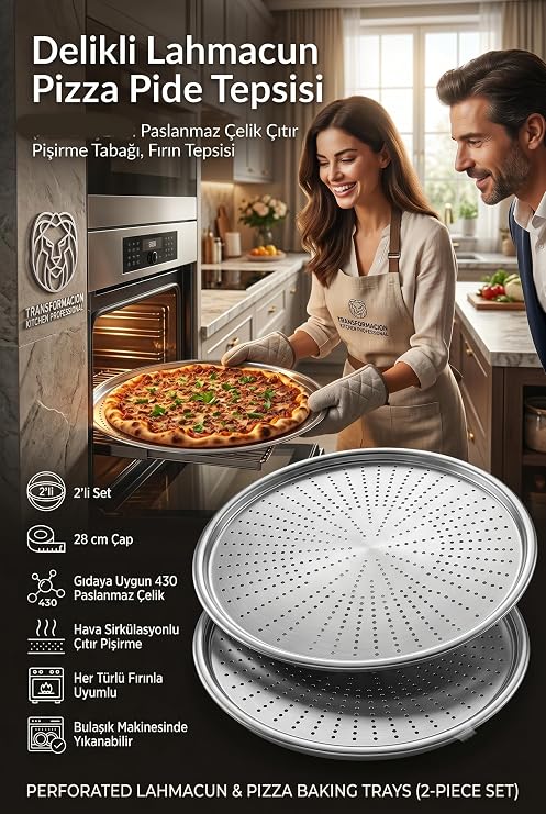 Transformacion 2'li Set Delikli Pizza Tepsisi, 28cm Paslanmaz Çelik Lahmacun Pide Tabağı, Orta Boy Çıtır Pişirme İkilisi 721314