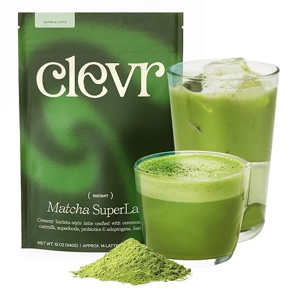 Clevr Ceremonial Matcha Latte Mix with Adaptogens 14 Servings | Ceremonial matcha with lion's mane, reishi, ashwagandha, probiotics and coconut cream. Enjoy hot or iced