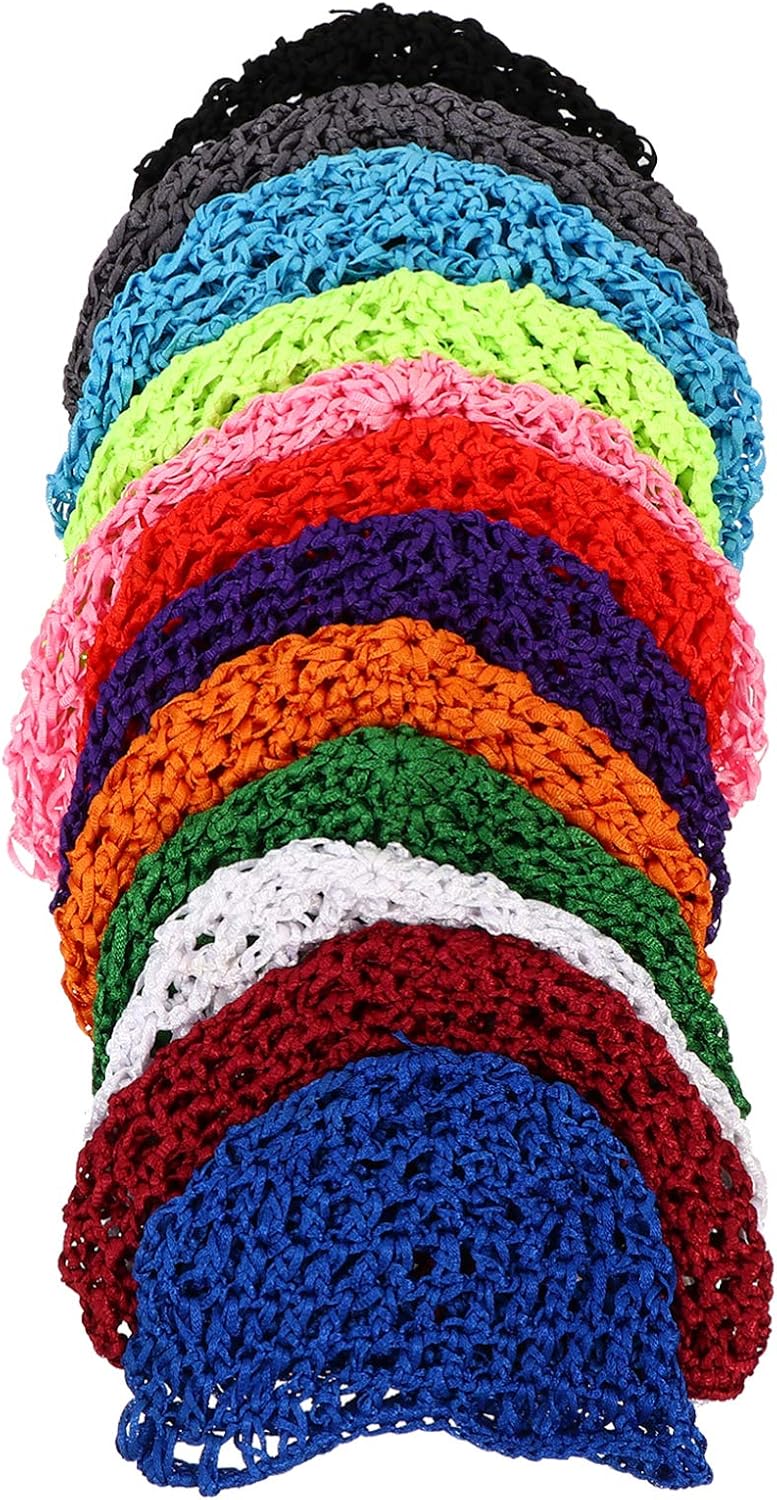 Lurrose 12pcs Elastic Wide Band Net Night Sleep Cap Hat Crocheted Slouchy Beanie Snood Bonnet