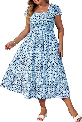 Hanna Nikole Womens Plus Size Summer Maxi Dress Short Sleeve Smocked Square Neck Casual Floral Flowy Dresses with Pockets
