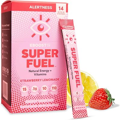 EBOOST Energy Drink Powder, Super Fuel - Strawberry Lemonade, 14 Packets - Pre-Workout Powder Energy Drink Mix - Natural Energy, L-Tyrosine, L-Theanine & Vitamins - Preworkout for Women & Men to Go