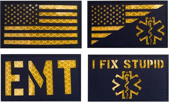 4 Pack Blue Reflective Paramedic-EMS EMT Star of Life USA Flag Subdued Paramedic Medical Tactical Army Gear Fastener Patch with Hook-Fastener Backing (Mix-3)