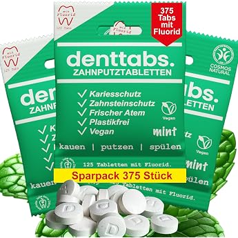 Denttabs Zahnputztabletten die vollwertige Alternative zur Zahnpasta 125 Stk. für 2 Monate. Mint mit Fluorid - VEGAN Plastikfrei ohne Konservierungsstoffe. Im kompostierbaren Beutel (375)