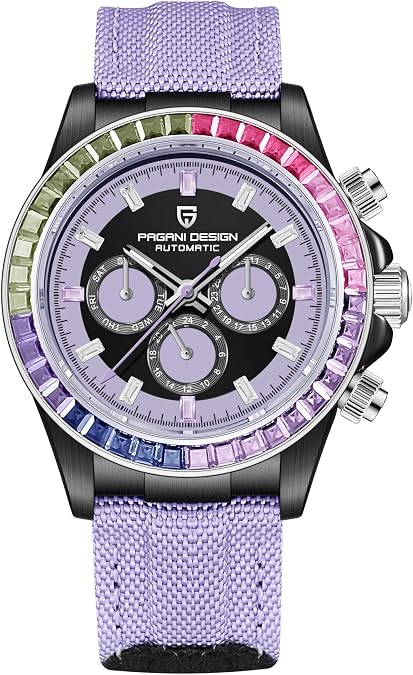 HaiQin Pagani Design Luxury Men's Automatic Mechanical Watch 40mm Synthetic Sapphire Rainbow Bezel Crystal Diamond Leather Nylon Strap Waterproof Sport Wristwatch