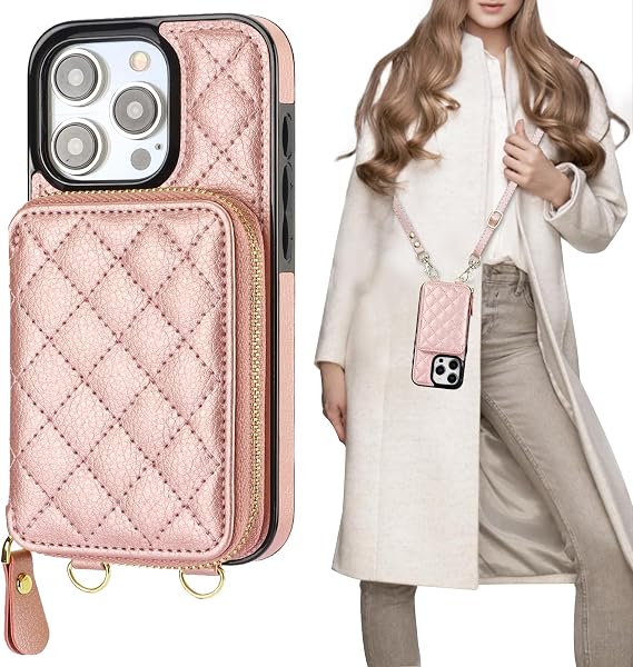 Bocasal Crossbody Wallet Case Card Holder for iPhone 15 Pro, Rose Gold
