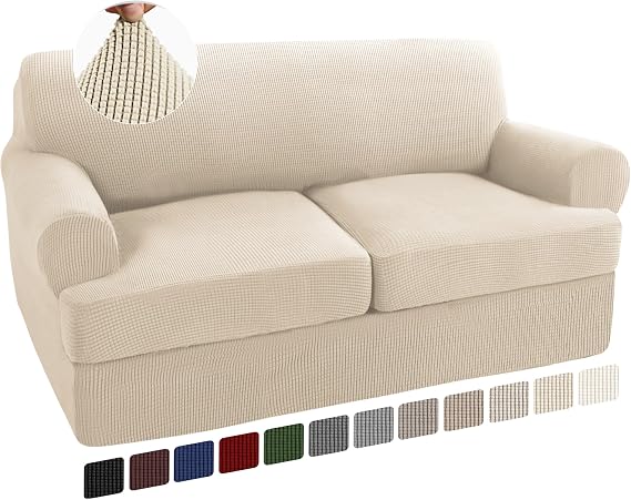 Turquoize 3 Piece T Cushion Loveseat Slipcovers Sofa Cover for 2 Cushion Couch Cover Washable Slipcover Furniture Covers with 2 Individual T Cushion Seat Covers (2 Cushion Loveseat, Biscotti Beige)